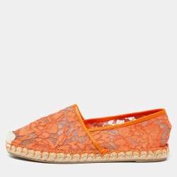 Pre Owned Valentino Neon Orange Lace Espadrille Flats Size 37
