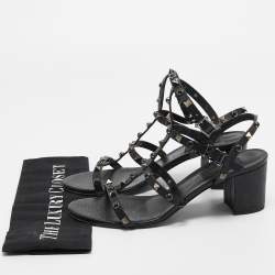 Pre Owned Valentino Black Leather Rolling Rockstud Ankle Strap Sandals Size 40