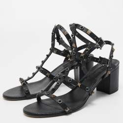 Pre Owned Valentino Black Leather Rolling Rockstud Ankle Strap Sandals Size 40