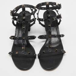 Pre Owned Valentino Black Leather Rolling Rockstud Ankle Strap Sandals Size 40