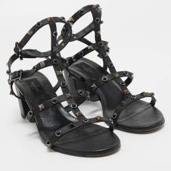 Pre Owned Valentino Black Leather Rolling Rockstud Ankle Strap Sandals Size 40