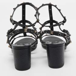 Pre Owned Valentino Black Leather Rolling Rockstud Ankle Strap Sandals Size 40