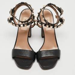 Pre Owned Valentino Black Leather Rockstud Ankle Strap Sandals Size 35
