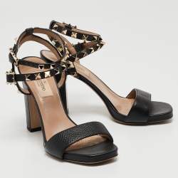 Pre Owned Valentino Black Leather Rockstud Ankle Strap Sandals Size 35