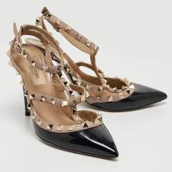 Pre Owned Valentino Black Patent Leather Rockstud Ankle Strap Pumps Size 36.5