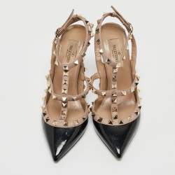 Pre Owned Valentino Black Patent Leather Rockstud Ankle Strap Pumps Size 36.5