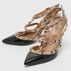 Pre Owned Valentino Black Patent Leather Rockstud Ankle Strap Pumps Size 36.5