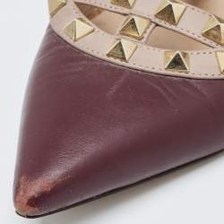 Pre Owned Valentino Burgundy Leather Rockstud Caged Ballet Flats Size 37.5