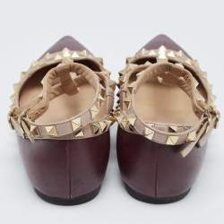 Pre Owned Valentino Burgundy Leather Rockstud Caged Ballet Flats Size 37.5