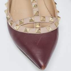 Pre Owned Valentino Burgundy Leather Rockstud Caged Ballet Flats Size 37.5