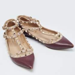 Pre Owned Valentino Burgundy Leather Rockstud Caged Ballet Flats Size 37.5
