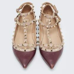 Pre Owned Valentino Burgundy Leather Rockstud Caged Ballet Flats Size 37.5