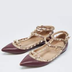 Pre Owned Valentino Burgundy Leather Rockstud Caged Ballet Flats Size 37.5