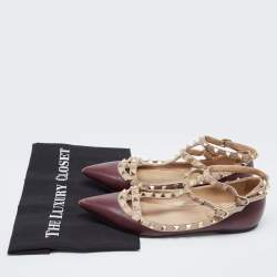 Pre Owned Valentino Burgundy Leather Rockstud Caged Ballet Flats Size 37.5