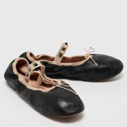 Pre Owned Valentino Black Leather Rockstud Mary Jane Bow Ballet Flats Size 38.5