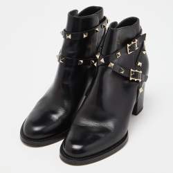 Pre Owned Valentino Black Leather Rockstud Ankle Boots Size 36