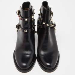 Pre Owned Valentino Black Leather Rockstud Ankle Boots Size 36