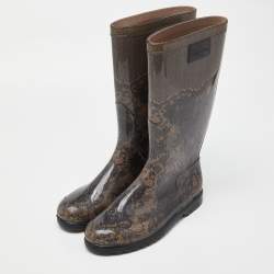 Pre Owned Valentino Black/Beige Lace Print Rubber Rain Boots Size 40