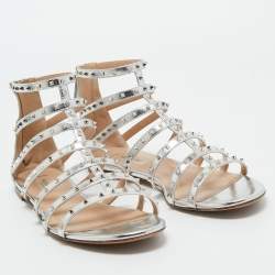 Pre Owned Valentino Silver Leather Love Latch Cross Strap Flat Gladiator Sandals Size 39.5