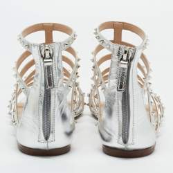 Pre Owned Valentino Silver Leather Love Latch Cross Strap Flat Gladiator Sandals Size 39.5