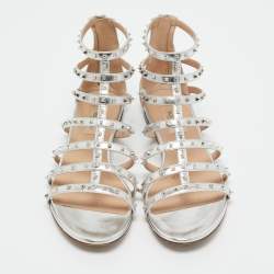 Pre Owned Valentino Silver Leather Love Latch Cross Strap Flat Gladiator Sandals Size 39.5