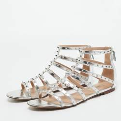 Pre Owned Valentino Silver Leather Love Latch Cross Strap Flat Gladiator Sandals Size 39.5