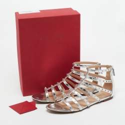 Pre Owned Valentino Silver Leather Love Latch Cross Strap Flat Gladiator Sandals Size 39.5