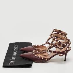 Pre Owned Valentino Burgundy Leather Rockstud Ankle Strap Pumps Size 37.5