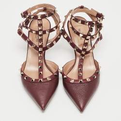 Pre Owned Valentino Burgundy Leather Rockstud Ankle Strap Pumps Size 37.5
