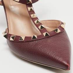 Pre Owned Valentino Burgundy Leather Rockstud Ankle Strap Pumps Size 37.5