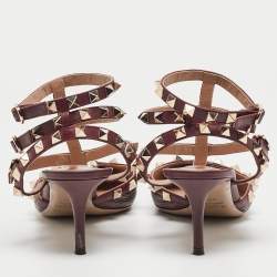 Pre Owned Valentino Burgundy Leather Rockstud Ankle Strap Pumps Size 37.5