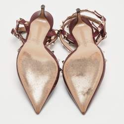 Pre Owned Valentino Burgundy Leather Rockstud Ankle Strap Pumps Size 37.5