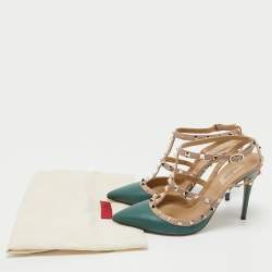 Pre Owned Valentino Green/Beige Leather Caged Rockstud Pumps Size 41