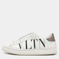 Pre Owned Valentino White/Grey Leather VLTN Rockstud Sneakers Size 38