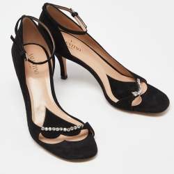 Pre Owned Valentino Black Suede Crystal Embellished Ankle Strap Sandals Size 39