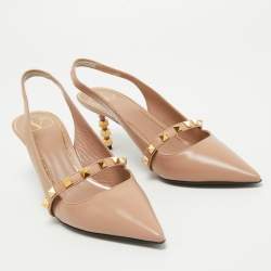 Pre Owned Valentino Beige Leather Rockstud Slingback Pumps Size 35.5