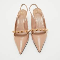 Pre Owned Valentino Beige Leather Rockstud Slingback Pumps Size 35.5