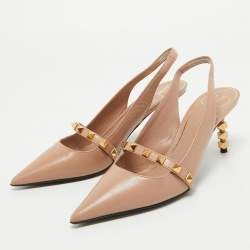 Pre Owned Valentino Beige Leather Rockstud Slingback Pumps Size 35.5
