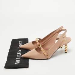 Pre Owned Valentino Beige Leather Rockstud Slingback Pumps Size 35.5