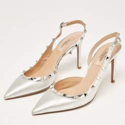 Pre Owned Valentino Silver Leather Rockstud Slingback Pumps Size 40  