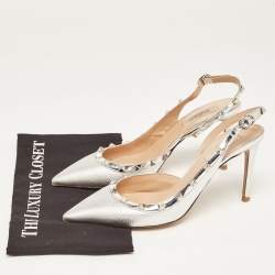 Pre Owned Valentino Silver Leather Rockstud Slingback Pumps Size 40  