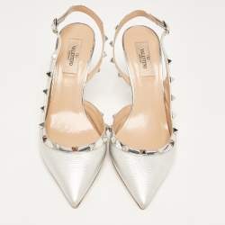 Pre Owned Valentino Silver Leather Rockstud Slingback Pumps Size 40  