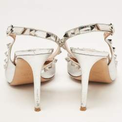 Pre Owned Valentino Silver Leather Rockstud Slingback Pumps Size 40  