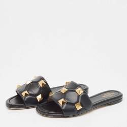 Pre Owned Valentino Black Quilted Leather Roman Stud Flat Slides Size 37.5