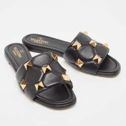 Pre Owned Valentino Black Quilted Leather Roman Stud Flat Slides Size 37.5