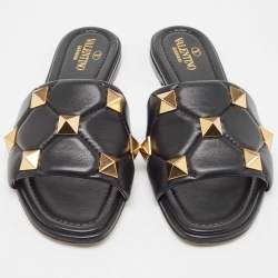 Pre Owned Valentino Black Quilted Leather Roman Stud Flat Slides Size 37.5
