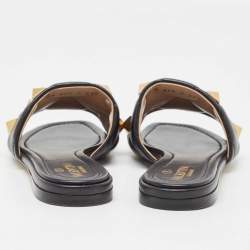 Pre Owned Valentino Black Quilted Leather Roman Stud Flat Slides Size 37.5