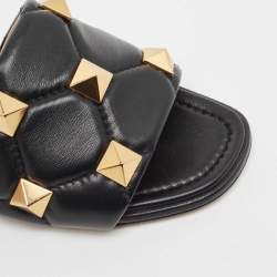 Pre Owned Valentino Black Quilted Leather Roman Stud Flat Slides Size 37.5