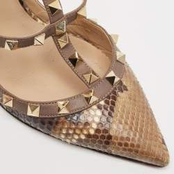 Pre Owned Valentino Two Tone Snakeskin Rockstud Ankle Strap Pumps Size 37.5