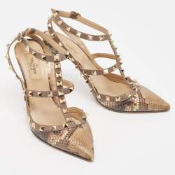 Pre Owned Valentino Two Tone Snakeskin Rockstud Ankle Strap Pumps Size 37.5